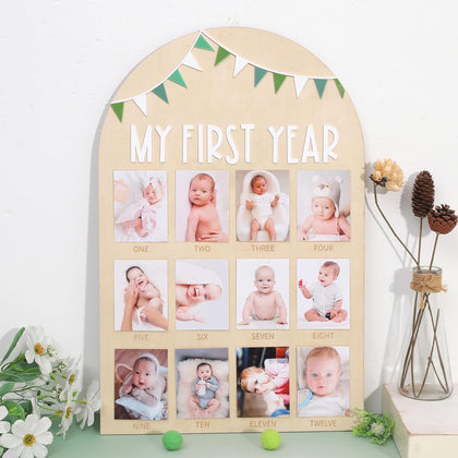 PATRDIO Sage Green 12-Month Photo Frame Set—Wild One Wooden Decoration, 1st Birthday Bunting, Wooden Monthly Milestone Photo Frame,First birthday decorations