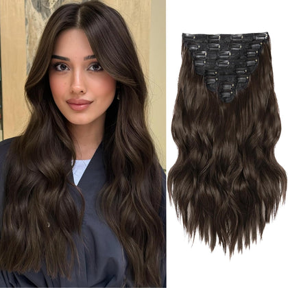 Hair Extensions for Women, 8PCS 16 Inch Dark Brown Clip in Hair Extensions, Synthetic Long Wavy Hairpieces for Women Full Head Thick