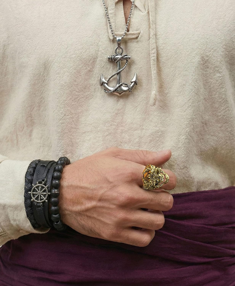 Vanderdyken Disfraz de pirata de 9 piezas para hombre, traje medieval renacentista vikingo con camisa, pantalón y accesorios para Halloween