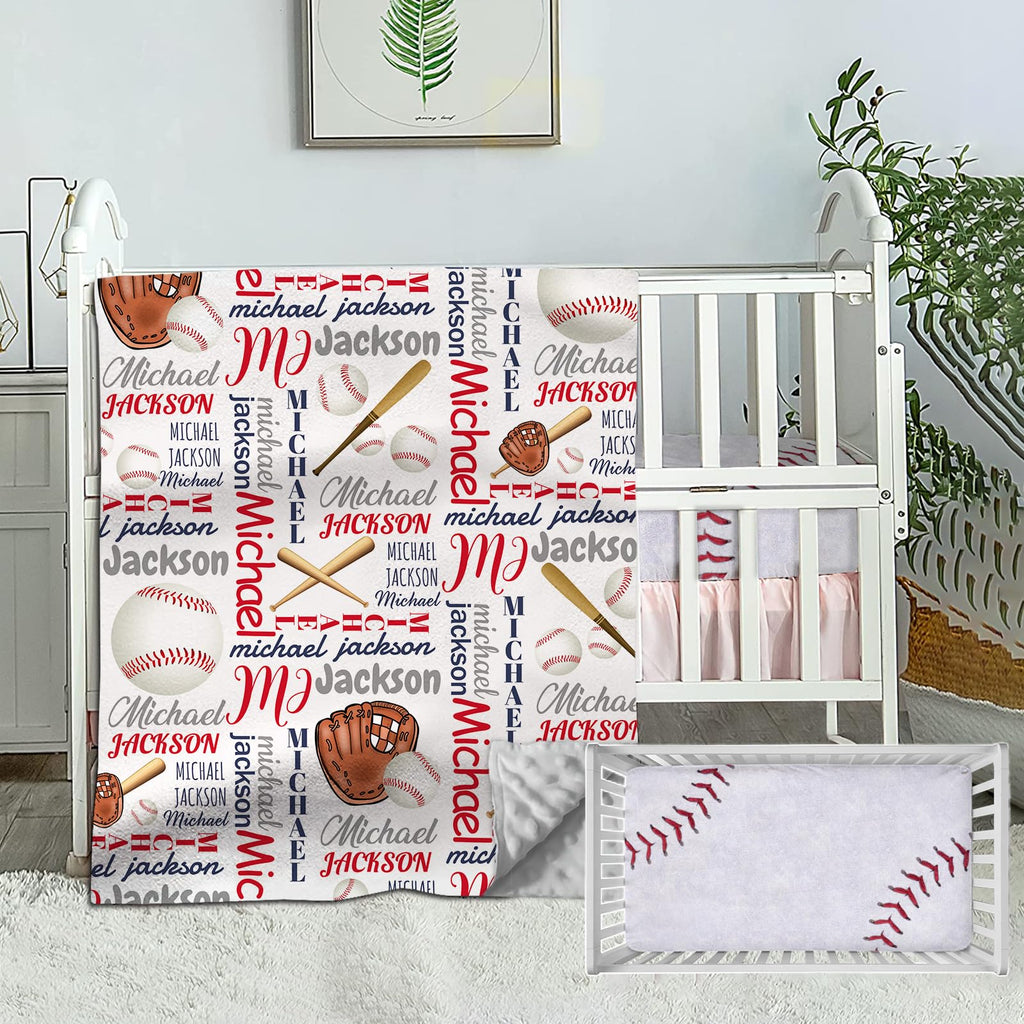 Personalized Baby Bedding Set, Custom Crib Sets With Name, Baseball Bedding Sets - 2 Piece Sets, Neutral Monogram Baby Plaid Comforter, Fitted Sheet