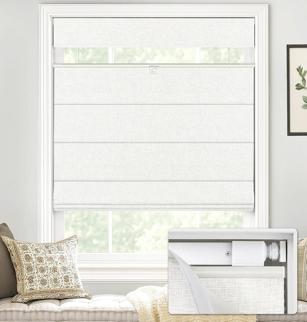 LazBlinds No Drill TDBU Roman Shades, Blackout - White, 22" W x 72" H