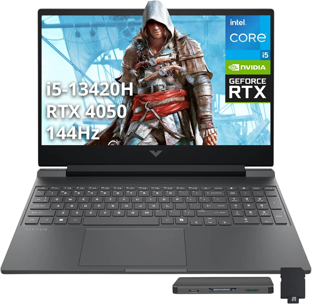 HP Victus 15.6" FHD 144Hz Gaming Laptop, Intel i5-13420H, 16GB RAM, 1.5TB Storage (512GB SSD+1TB Docking Station Set), NVIDIA GeForce RTX 4050, HD Camera, Backlit Keyboard, WiFi 6, Win 11 Pro, Silver