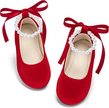 PHIRAMIN Toddler Flower Girl Velvet Red Dress Shoes - Little Girl Ballet Flats Size 12 Pearl Wedding Party