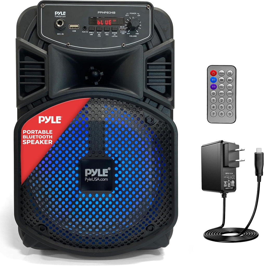 Pyle 8” Bluetooth Portable PA Speaker - 300W Karaoke Machine with Flashing LED Lights, Built-in Rechargeable Battery, FM Radio, USB/MP3 Connectivity, 300W Max Power, Bluetooth Streaming