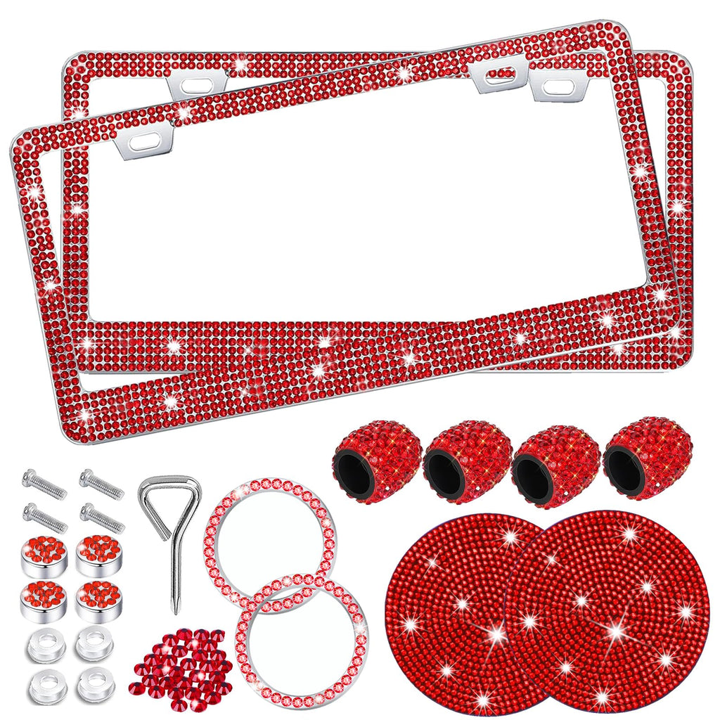Red Bling License Plate Frame 2 Packs Sparkly Rhinestone License Plate Holder Glitter Bedazzled Crystal Car License Plate Frame