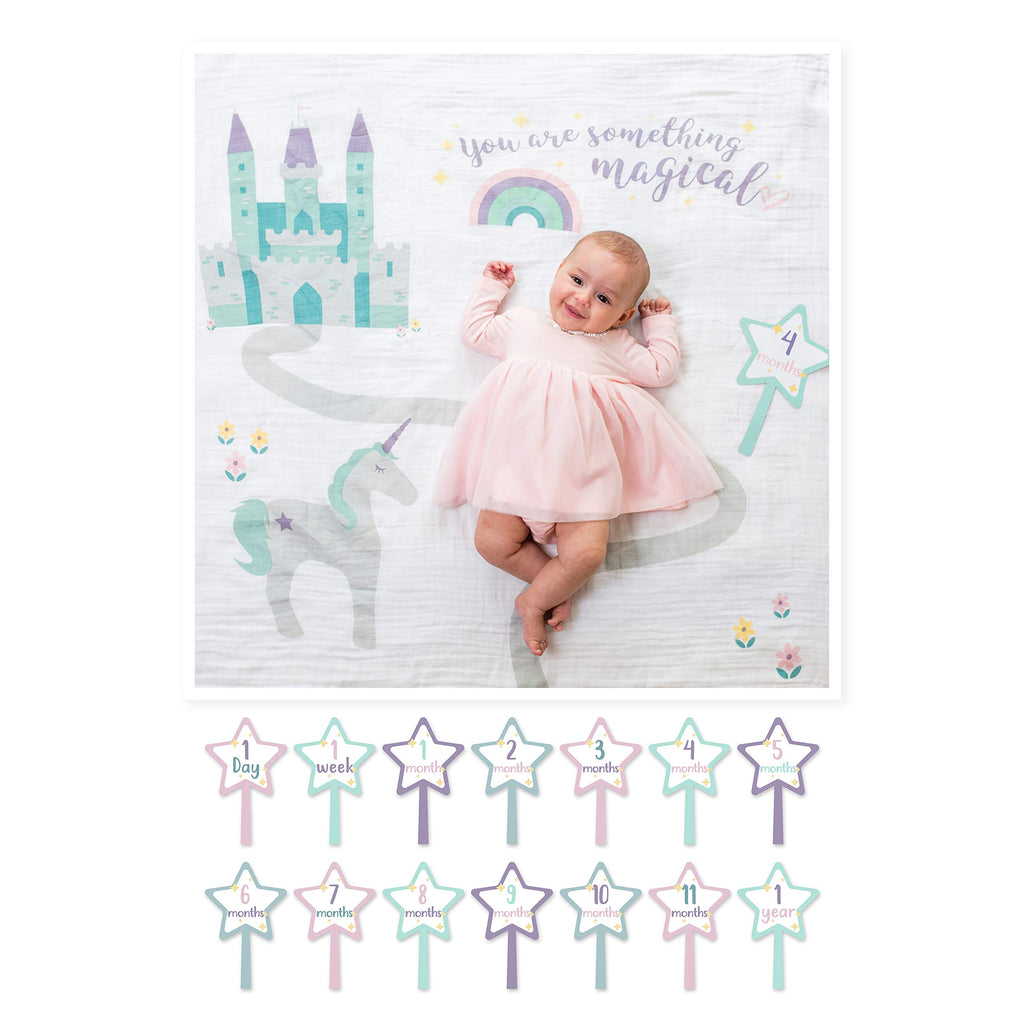 Lulujo Baby’s First Year Milestone Blanket and Card Set | 40in x 40in (Something Magical)