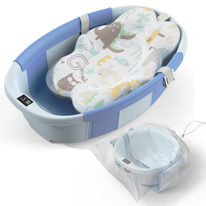 Spluvvly Bañera Plegable Grande para Bebé con Termómetro y Cojín Azul