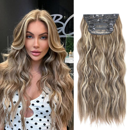 VERNA Clip in Hair Extensions, 20 Inch Long Wavy Balayage Dark Brown to Caramel Blonde Hair Extensions for Women 4PCS Curly Brown Synthetic Clip in Extensions for Daily Use