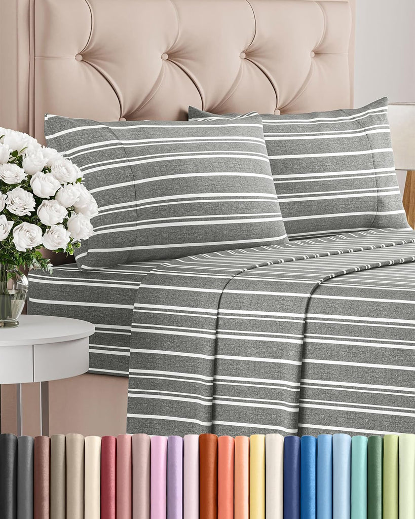 King Size 4 Piece Sheet Set - Breathable & Cooling Sheets - Grey Stripes