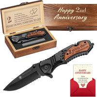 2 Years Anniversary Keepsake Gifts for Him, 2nd Anniversary Present for Men boyfriend Husband Couple, Two Years Cotton Marriage Keepsake, Wedding Date Engraved Pocket Knife with Gift Box 7.8 Inch
