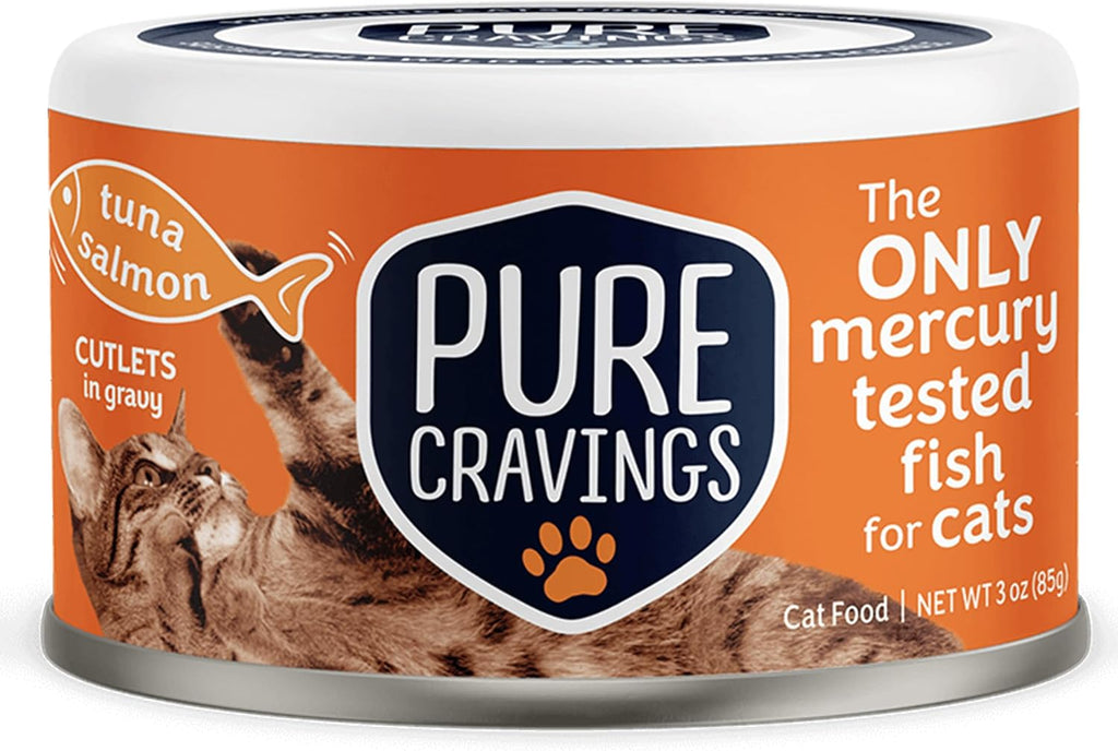 Pure Cravings Wet Cat Food Canned Tuna and Salmon Cutlets in Gravy, 100% Mercury-Tested, Moist Can Fish for Cats, Grain-Free, Protein, Non-GMO, Pack of 12
