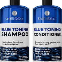 Blue Shampoo and Conditioner Set - Sulfate Free and Paraben Free - Neutralizing Toner to Correct Orange, Brassy Hair Back to Brunette - Professional Formula - For Women and Men - 16 Fl Oz (Set of 2)