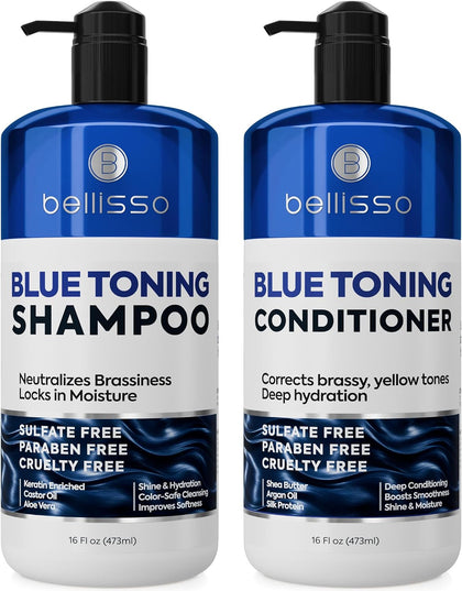 Blue Shampoo and Conditioner Set - Sulfate Free and Paraben Free - Neutralizing Toner to Correct Orange, Brassy Hair Back to Brunette - Professional Formula - For Women and Men - 16 Fl Oz (Set of 2)