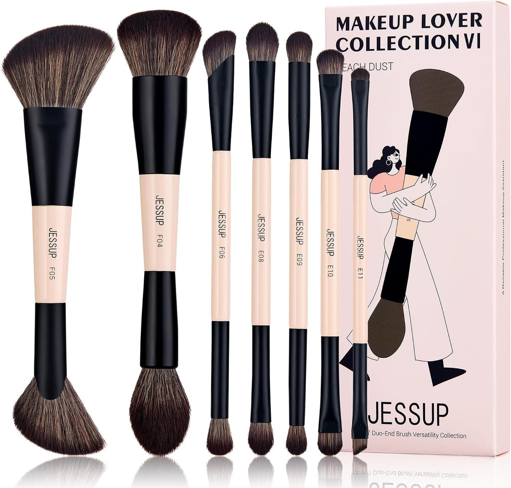 Jessup Makeup Brushes Set 7pcs Double Sided Makeup Brushes for Foundation Concealer Blush Eyeshadow Contour Bronzer Powder Blending Eyebrow Eyeliner, Cruelty-Free Make up Brushes Peach Dust T600