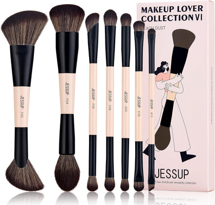 Jessup Makeup Brushes Set 7pcs Double Sided Makeup Brushes for Foundation Concealer Blush Eyeshadow Contour Bronzer Powder Blending Eyebrow Eyeliner, Cruelty-Free Make up Brushes Peach Dust T600