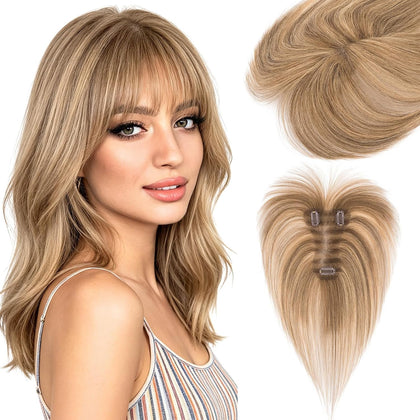 Hairro Real Hair Topper For Women Human Hair Wig With Bangs Korean Bangs Hairpieces Silk Base Fake Bang Piano Color Wispy Thin Toupee 10 Inches 17g #4P27 Medium Brown Mix Dark Blonde