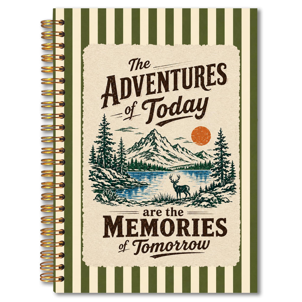 MKIJUHB Retro Camping Spiral Notebook 5.5x8.3, Camping Lover Camper Gifts Journal for Women, Mountain Nature Wildlife Green Striped Notebook for Note Taking
