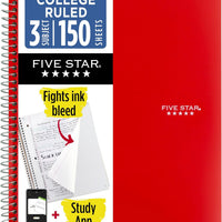 Five Star Spiral Notebook + Study App, 3 Subject, College Ruled Paper, 8-1/2" x 11", 150 Sheets, Fights Ink Bleed, Water Resistant Cover, Fire Red (72065)