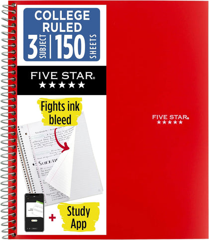 Five Star Spiral Notebook + Study App, 3 Subject, College Ruled Paper, 8-1/2