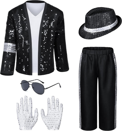 Dance Star Kids Costume for Boys 80s 90s Pop Stage Cosplay Party Halloween Role Play Black 6-8 Years