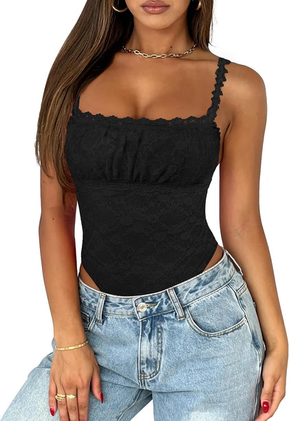 Saslax Women's Lace Bodysuit Sleeveless Double Lined Thong Body Suit Square Neck Going Out Summer Concert Club Outfits Black XXL