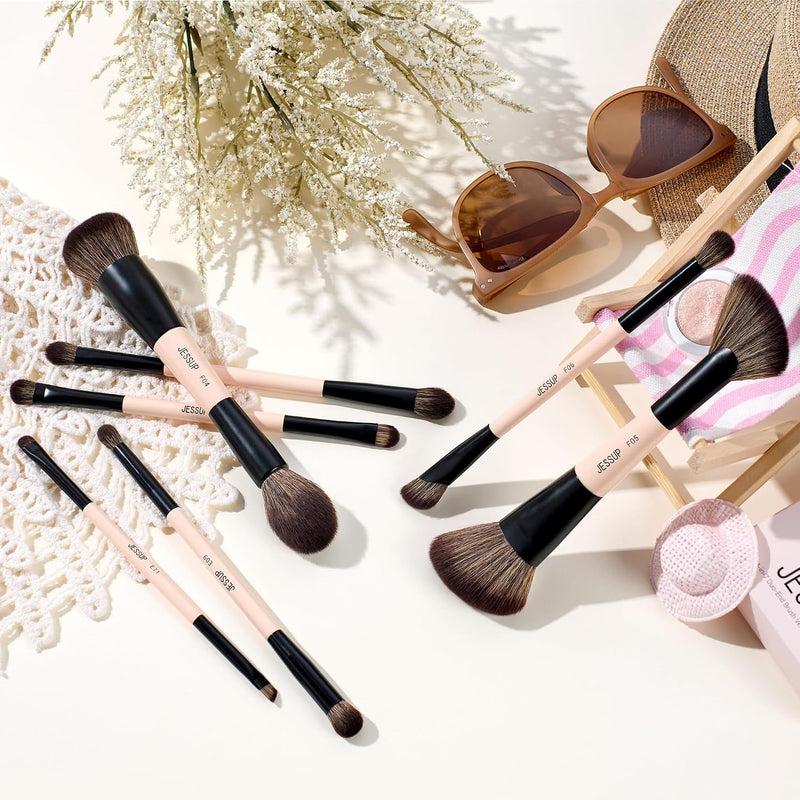 Jessup Makeup Brushes Set 7pcs Double Sided Makeup Brushes for Foundation Concealer Blush Eyeshadow Contour Bronzer Powder Blending Eyebrow Eyeliner, Cruelty-Free Make up Brushes Peach Dust T600