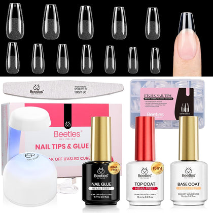 Beetles Gel Nail Kit with Mini Nail Lamp Etch-X, Coffin Medium Nail Tips