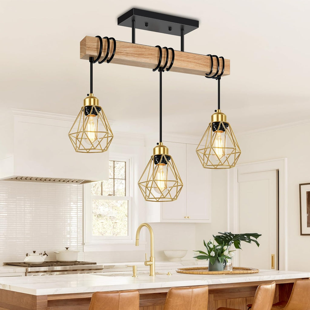 Feanron 3-Lights Dining Room Light Fixture Over Table, Wood Kitchen Island Lighting Hanging, Farmhouse Chandelier for Dining Room, Black Pendant Light Fixtures with Gold Metal Cage for Bar Restaurant