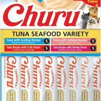 INABA Churu Cat Treats, Lickable, Squeezable Creamy Purée Cat Treat with Green Tea Extract & Taurine, 0.5 Ounces Each Tube, 20 Tubes, Tuna & Seafood Variety Box