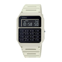 Reloj Casio Vintage Serie CA53W con calculadora, cronómetro, resistente al agua, en beige, para hombres. Función de alarma y tiempo dual