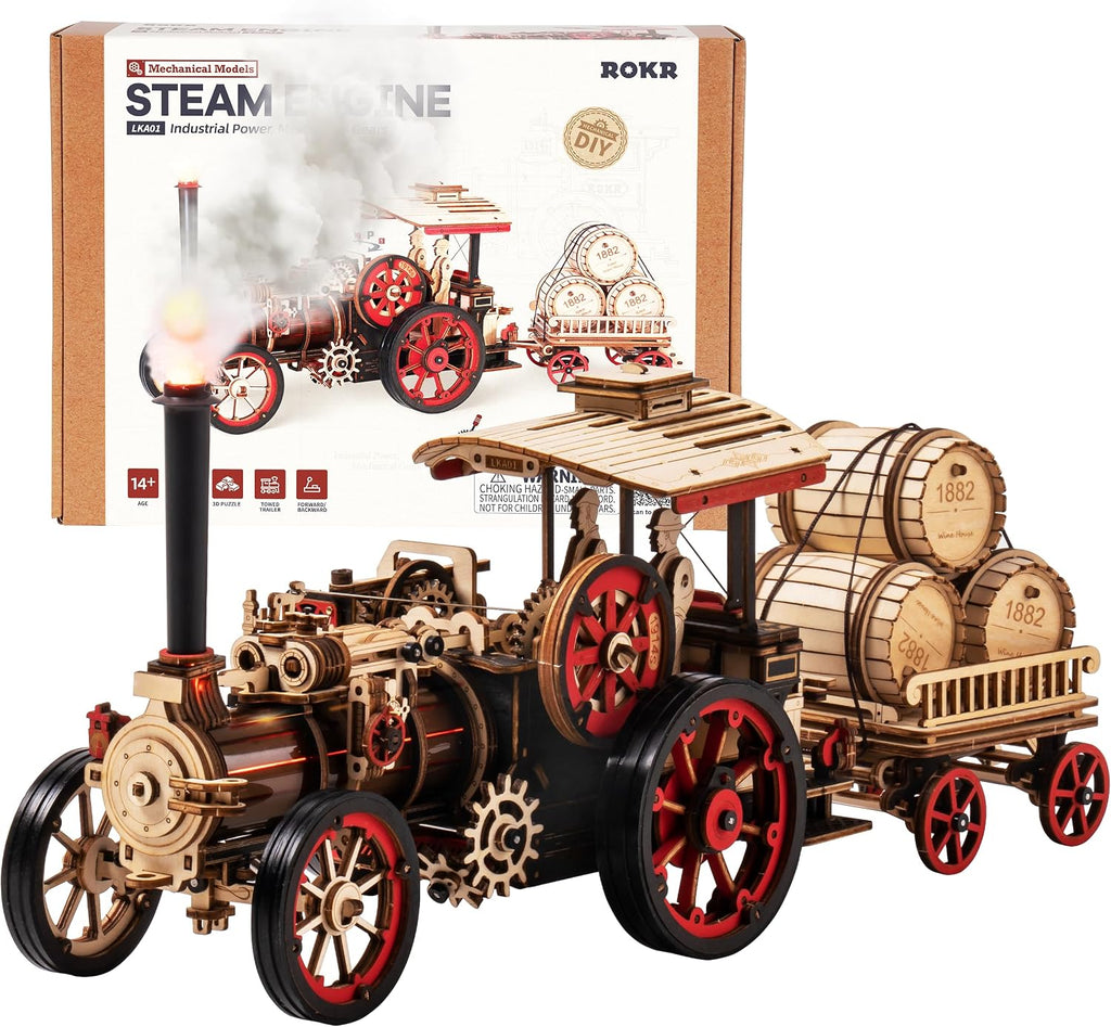 ROKR 3D Puzzle for Adults 469pcs Electric Vintage Car Steam Engine Model Kits, Mechanical Wooden Assembly Puzzles Vehicle DIY Hobbies Christmas Gifts for Men Women