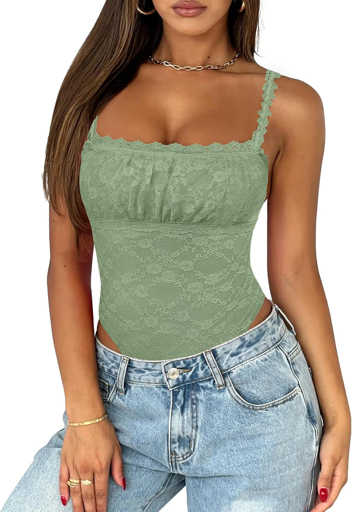 Saslax Women's Lace Bodysuit Sleeveless Double Lined Thong Body Suit Square Neck Going Out Summer Concert Club Outfits Olive Green M