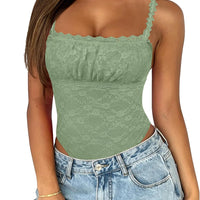 Saslax Women's Lace Bodysuit Sleeveless Double Lined Thong Body Suit Square Neck Going Out Summer Concert Club Outfits Olive Green M