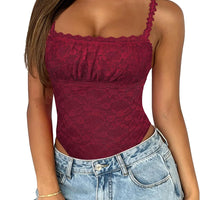 Saslax Women's Sexy Square Neck Lace Sleeveless Bodysuit Tank Tops Double Lined Body Suit Thong Outfits Burgundy L