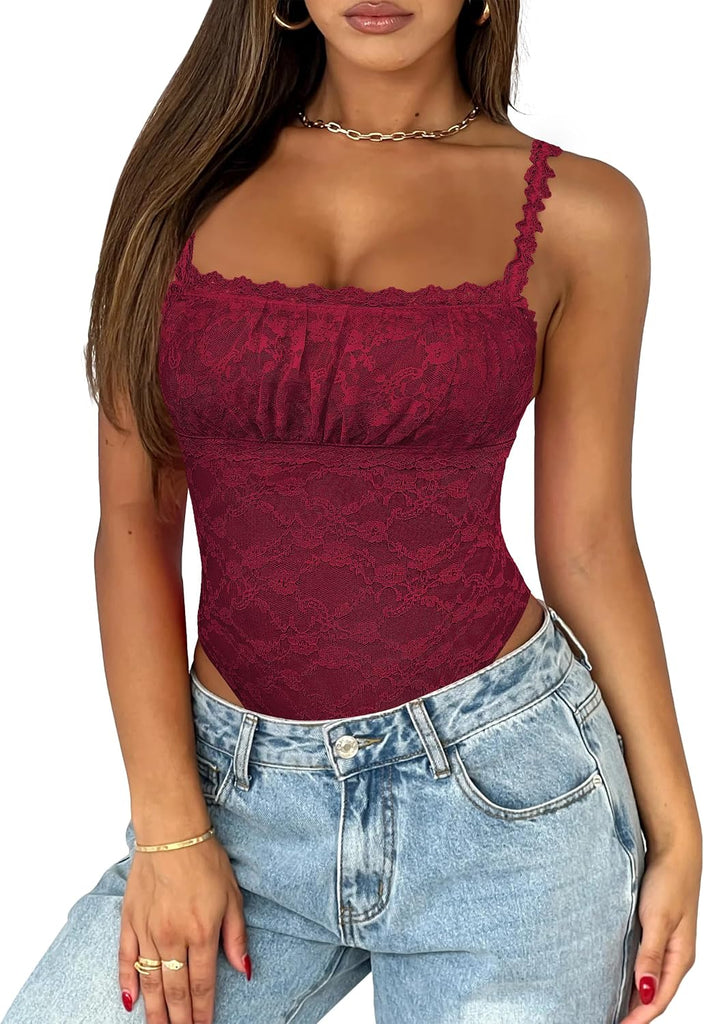 Saslax Women's Sexy Square Neck Lace Sleeveless Bodysuit Tank Tops Double Lined Body Suit Thong Outfits Burgundy XXL