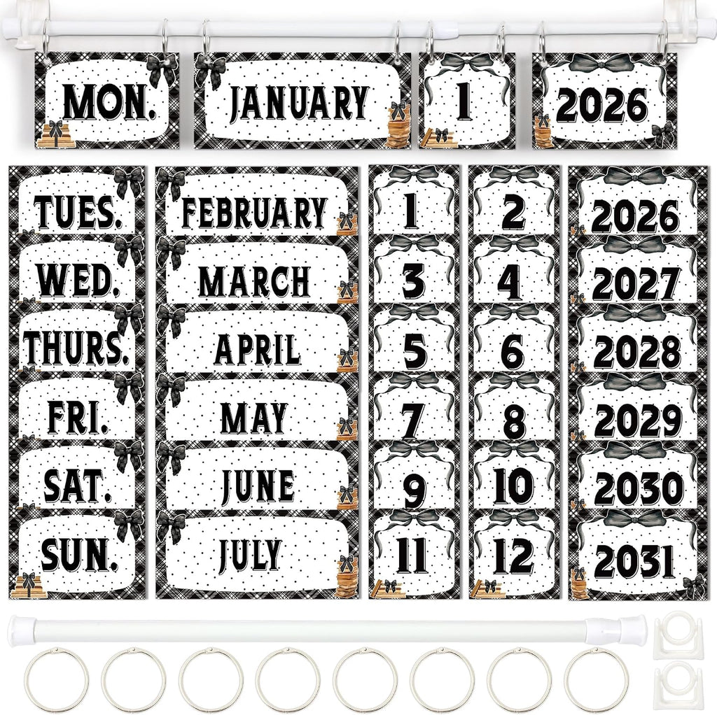 Flip Calendar Bulletin Board Set 59 Date Cards Books and Bows Classroom Decor Black and White Flip Calendar with Adjustable Holder and O-Rings for Teacher Back to School Supplies New Years 2026-2034