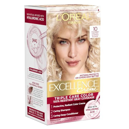 L'Oreal Paris Excellence Crème Permanent Hair Dye, Triple Care Hair Color with Hyaluronic Acid for 100% Gray Coverage, 10 Lightest Ultimate Blonde, 1 Kit (Packaging May Vary)