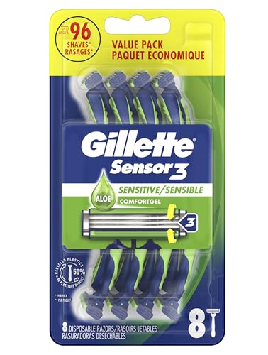 Gillette Sensor3 Sensitive Disposable Razors for Men, Enhanced Lubrastrip Glides Easily Over Your Skin, 8 Count (Pack of 2)