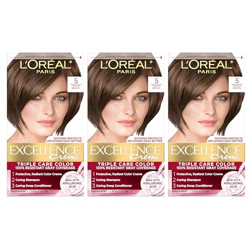 L'Oreal Paris Excellence Crème Permanent Hair Dye, Triple Care Hair Color with Pro-Keratine Complex for 100% Gray Hair Coverage, 5 Medium Brown, 1 Kit (Pack of 3)