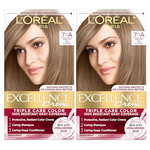 L'Oreal Paris Excellence Crème Permanent Hair Dye, Triple Care Hair Color with Hyaluronic Acid for 100% Gray Coverage, 7.5A Medium Ash Blonde, 1 Kit (Pack of 2) (Packaging May Vary)