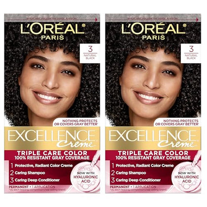 L'Oreal Paris Excellence Crème Permanent Hair Dye, Triple Care Hair Color with Hyaluronic Acid for 100% Gray Coverage, 3 Natural Black, 1 Kit (Pack of 2) (Packaging May Vary)