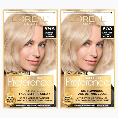 L'Oreal Paris Superior Preference Luminous Fade-Defying Permanent Hair Color, Hair Dye For Up to 9 Weeks of Radiance, Lightest Ash Blonde 9.5A, 1 Hair Dye Kit (Pack of 2)