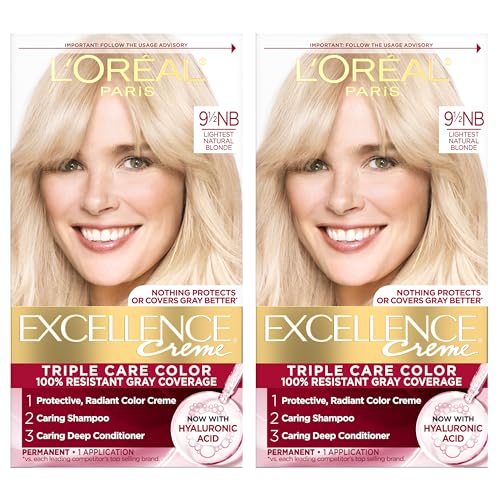 L'Oreal Paris Excellence Crème Permanent Hair Dye, Triple Care Hair Color with Hyaluronic Acid for 100% Gray Coverage, 9.5NB Lightest Natural Blonde, 1 Kit (Pack of 2) (Packaging May Vary)