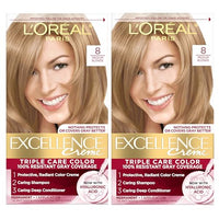 L'Oreal Paris Excellence Crème Permanent Hair Dye, Triple Care Hair Color with Hyaluronic Acid for 100% Gray Coverage, 8 Medium Blonde, 1 Kit (Pack of 2) (Packaging May Vary)