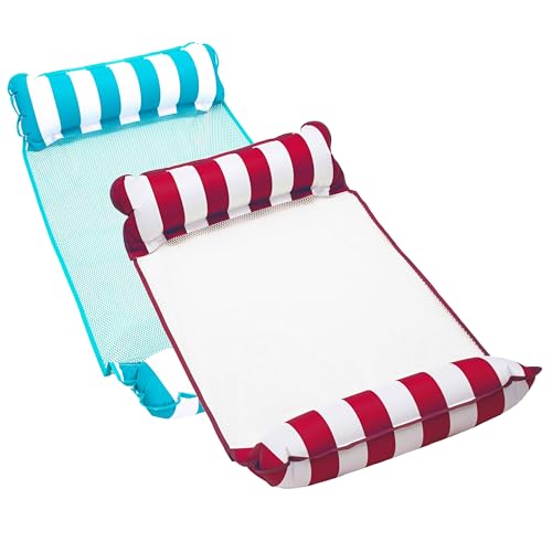 Aqua 4-in-1 Monterey Hammock Pool Float & Water Hammock, Multi-Purpose, Inflatable Pool Floats for Adults, Patented Thick, Non-Stick PVC Material, One Light Blue & One Burgundy/White Stripe, 2-Pack