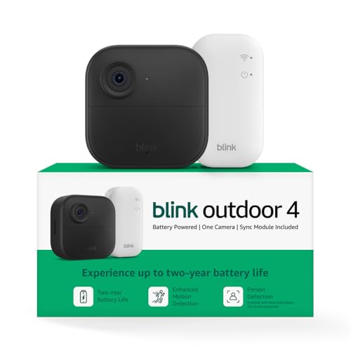 Blink Outdoor 4 – Wireless smart security camera, two-year battery life, 1080p HD day and infrared night live view, two-way talk. Sync Module Core included – 1 camera system
