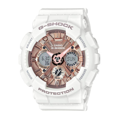Reloj Casio G-Shock Blanco y Oro Rosa - Resistente al Agua y Golpes, Ideal para Mujer, Modelo GMS-S120MF-7A2CR