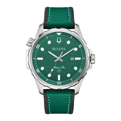 Bulova Reloj Marine Star de cuarzo plateado de acero inoxidable para hombre, correa de cuero y silicona, resistente al agua