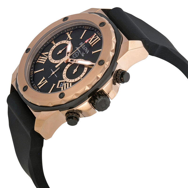 Bulova Marine Star 98B104 Black Rubber Strap Quartz Watch Rose Gold Dial 44mm