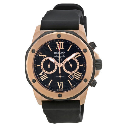 Bulova Marine Star 98B104 Black Rubber Strap Quartz Watch Rose Gold Dial 44mm